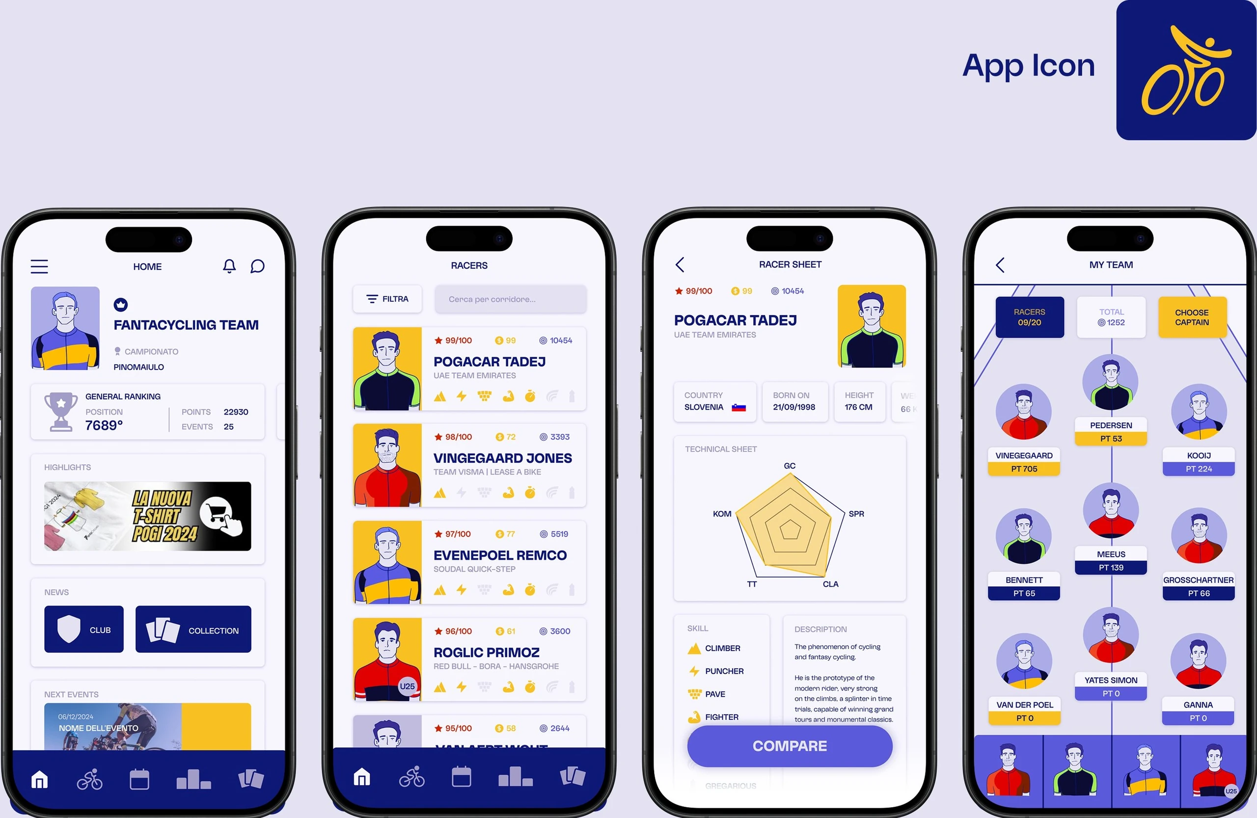 Fantacycling — app UI: home, racers, racer sheet, my team, app icon