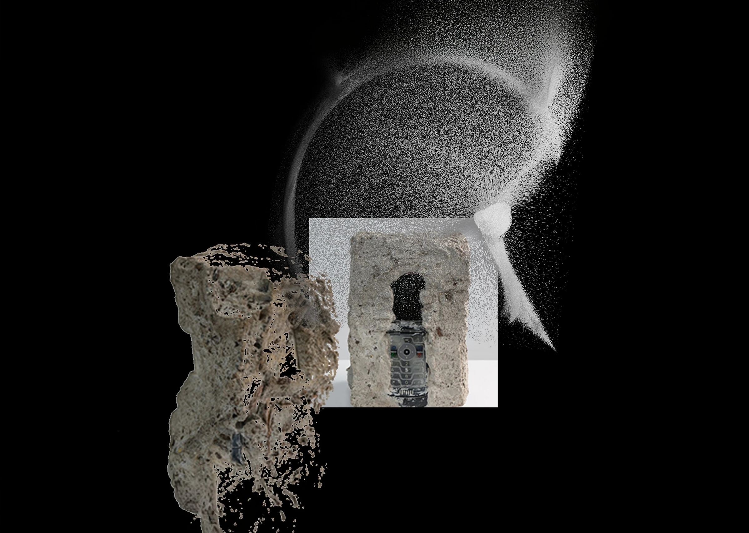 Moodboard composition - eroded concrete, dust, flip phone