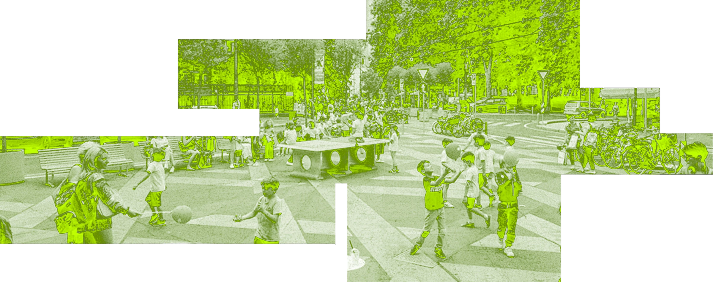 Piazza pubblica affollata — bambini che giocano, ping pong, tavolini (collage a blocchi)