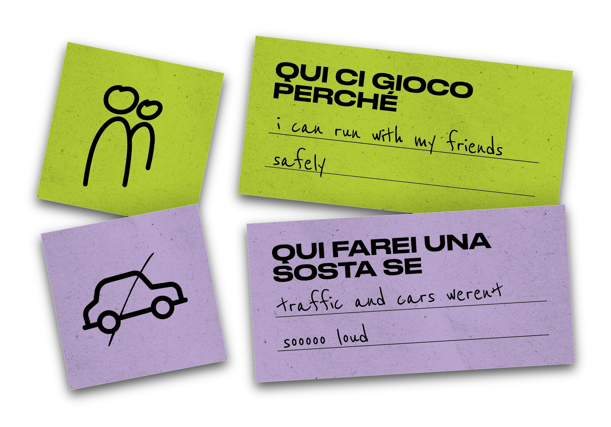 Sticker da compilare di Piazze Negate: 'AMO QUESTA PIAZZA PERCHE' (verde) e 'LA CHIAMEREI PIAZZA SE' (viola), con icone cuore e lampadina