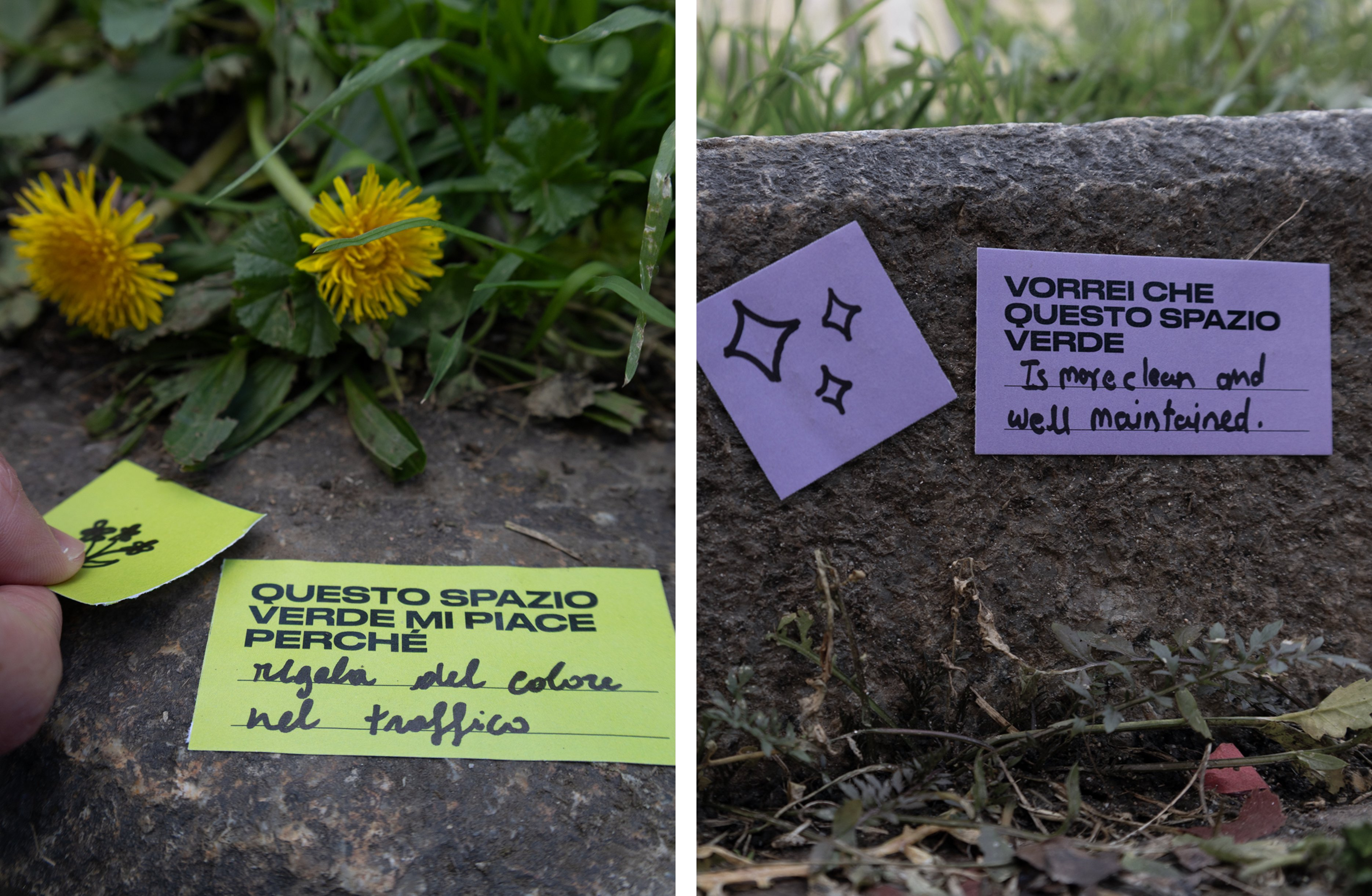 Due foto in esterna: sticker verde compilato su un cordolo coi fiori, e sticker viola compilato a mano