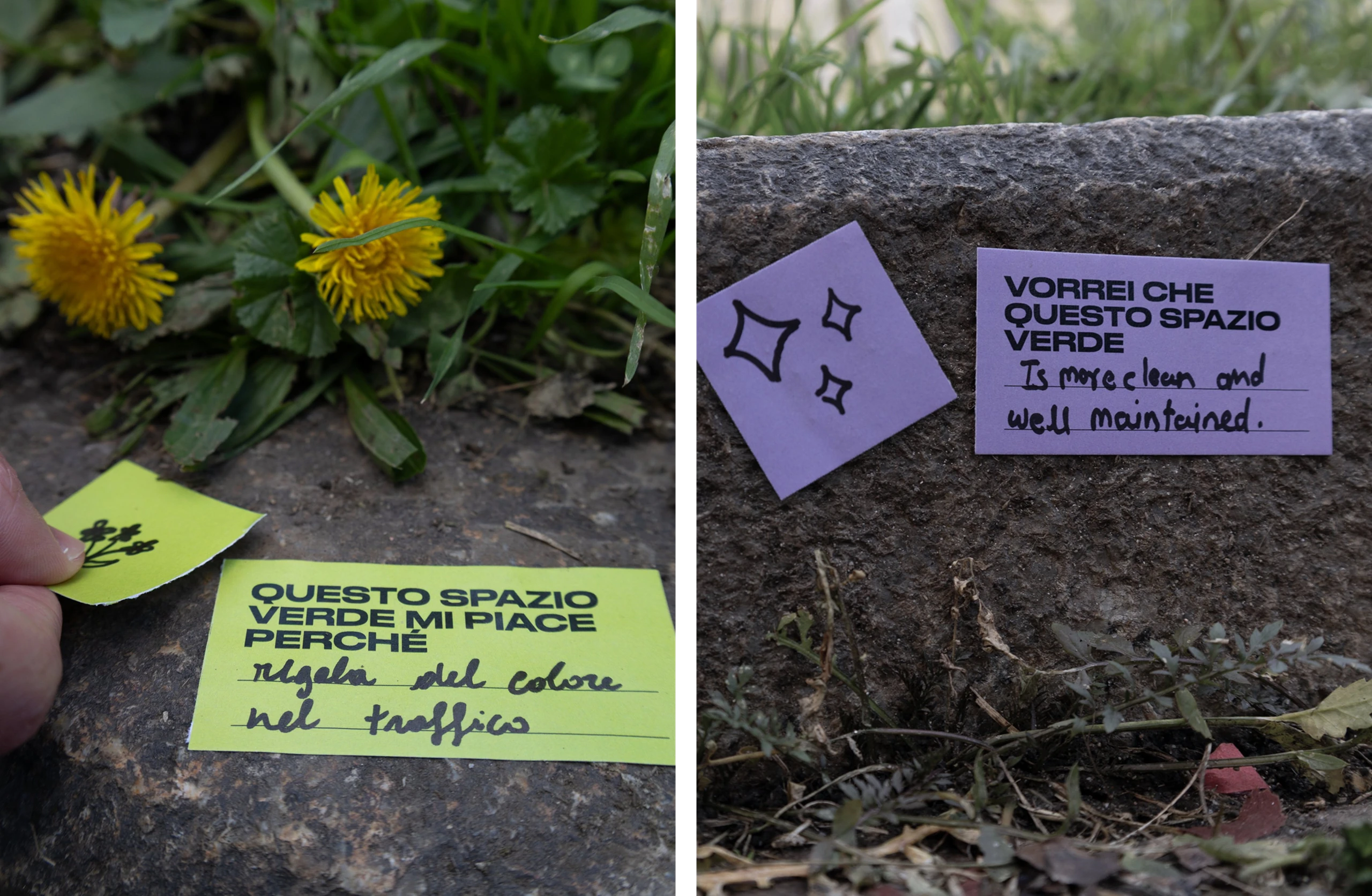 Due foto in esterna: sticker verde compilato su un cordolo coi fiori, e sticker viola compilato a mano