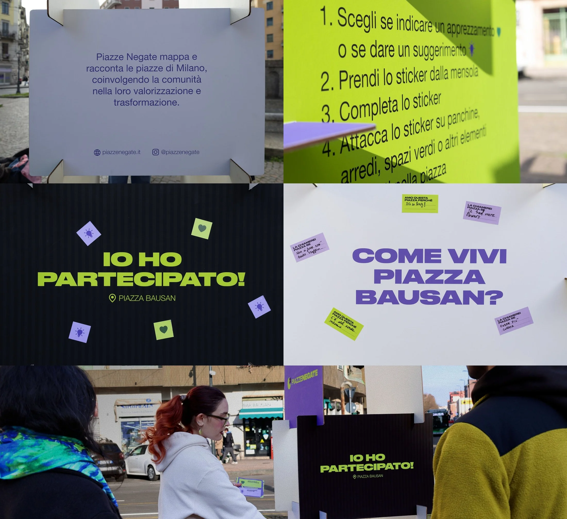 Totem in Piazza Bausan: pannello informazioni, istruzioni passo-passo, pannelli interattivi 'IO HO PARTECIPATO!' e 'COME VIVI PIAZZA BAUSAN?', persone che partecipano