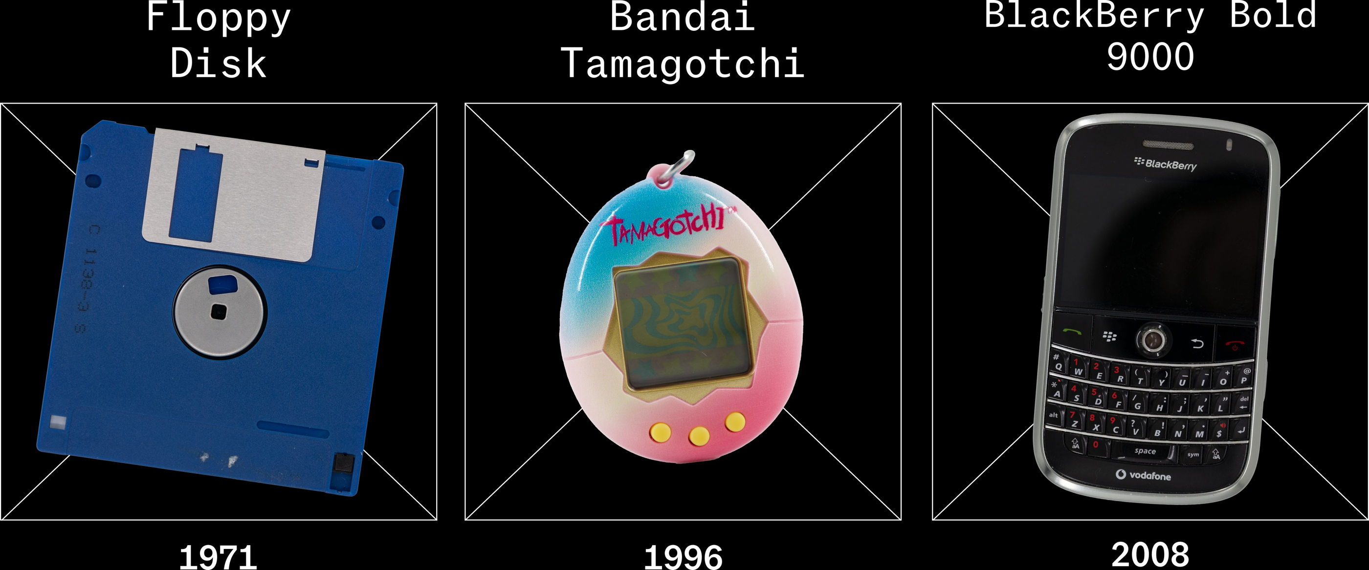 Timeline of obsolete technology (photographs): Floppy Disk 1971, Bandai Tamagotchi 1996, BlackBerry Bold 9000 2008