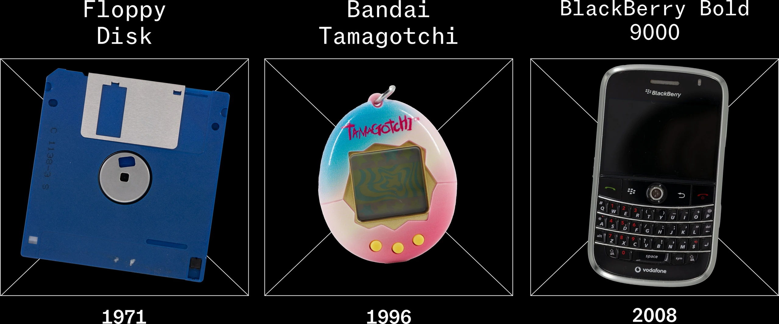 Timeline of obsolete technology (photographs): Floppy Disk 1971, Bandai Tamagotchi 1996, BlackBerry Bold 9000 2008